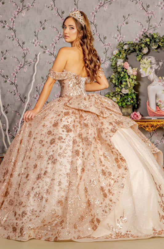 Metallic 3-D Flower Off Shoulder Mesh Ball Gown w/ Ruffled Back. GL3485 GLS By Gloria