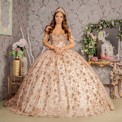 Metallic 3-D Flower Off Shoulder Mesh Ball Gown w/ Ruffled Back. GL3485 GLS By Gloria