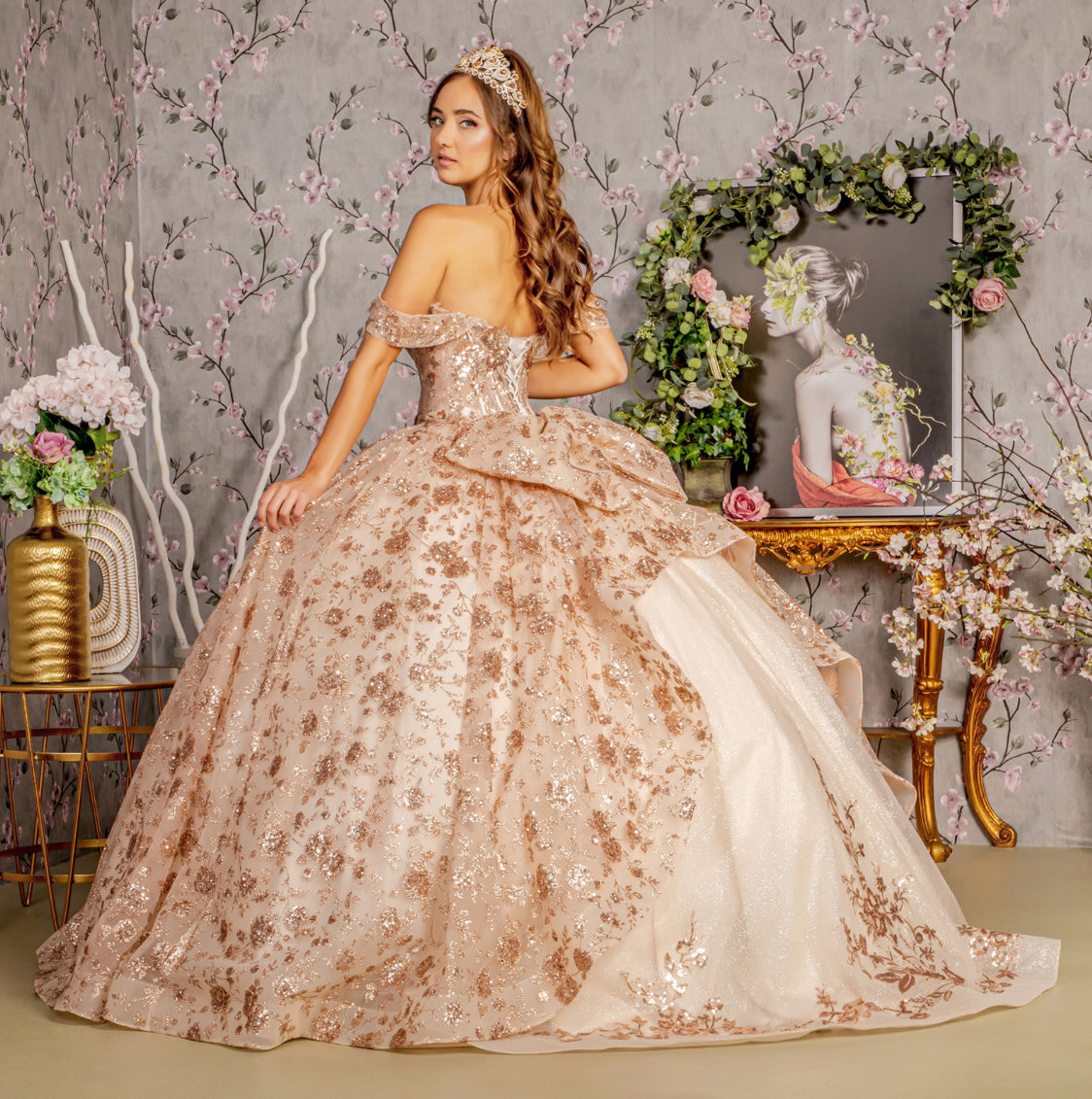 Metallic 3-D Flower Off Shoulder Mesh Ball Gown w/ Ruffled Back. GL3485 GLS By Gloria