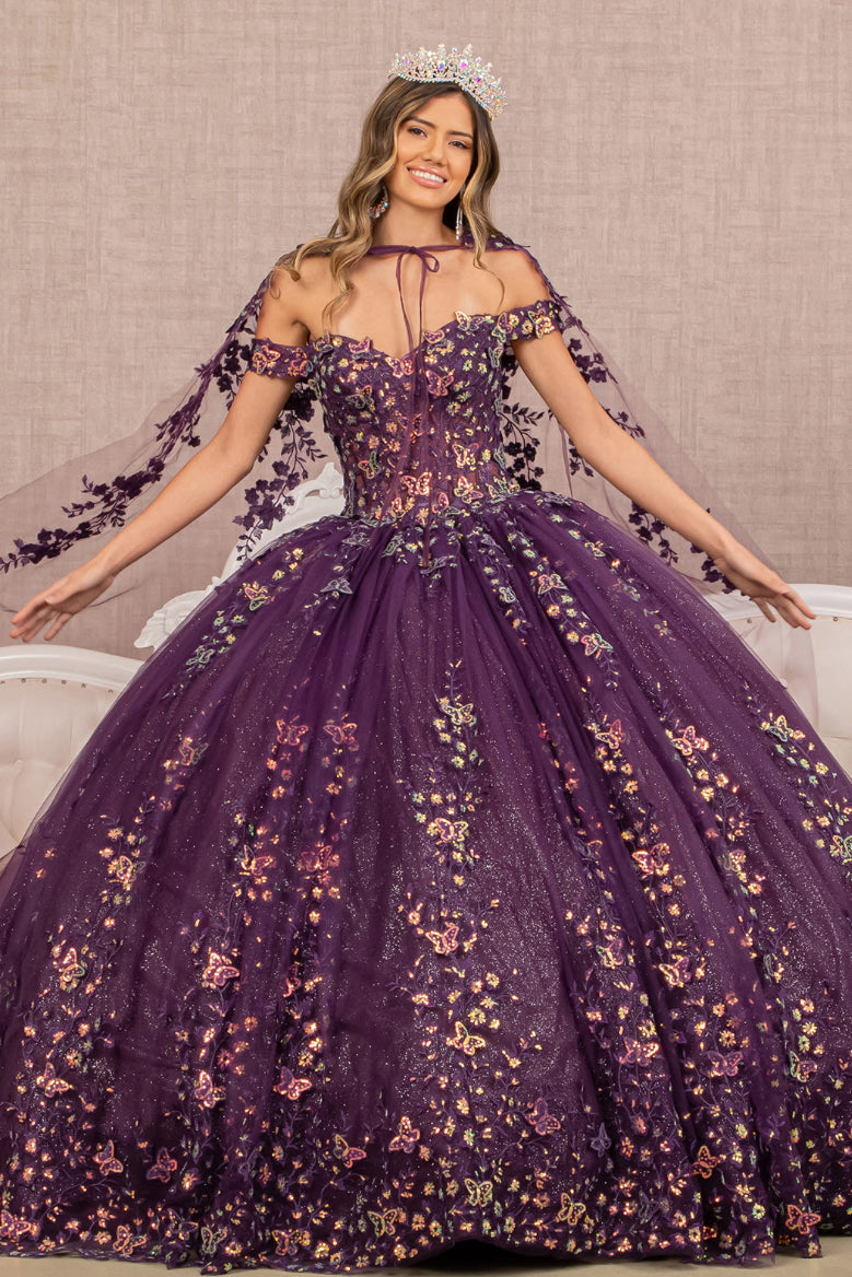 Quinceanera Gown w/ Long Mesh Cape And 3-D Butterfly Sheer Bodice.  GL3171 GLS by Elizabeth K