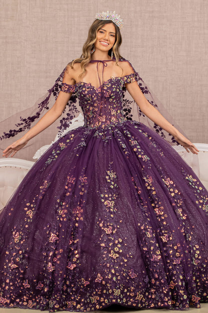 Quinceanera Gown w/ Long Mesh Cape And 3-D Butterfly Sheer Bodice.  GL3171 GLS by Elizabeth K