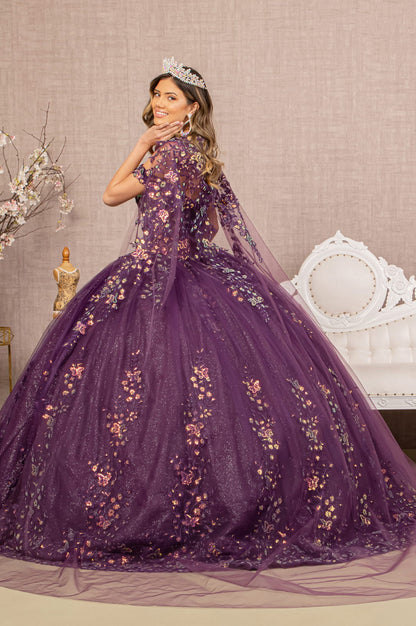 Quinceanera Gown w/ Long Mesh Cape And 3-D Butterfly Sheer Bodice.  GL3171 GLS by Elizabeth K