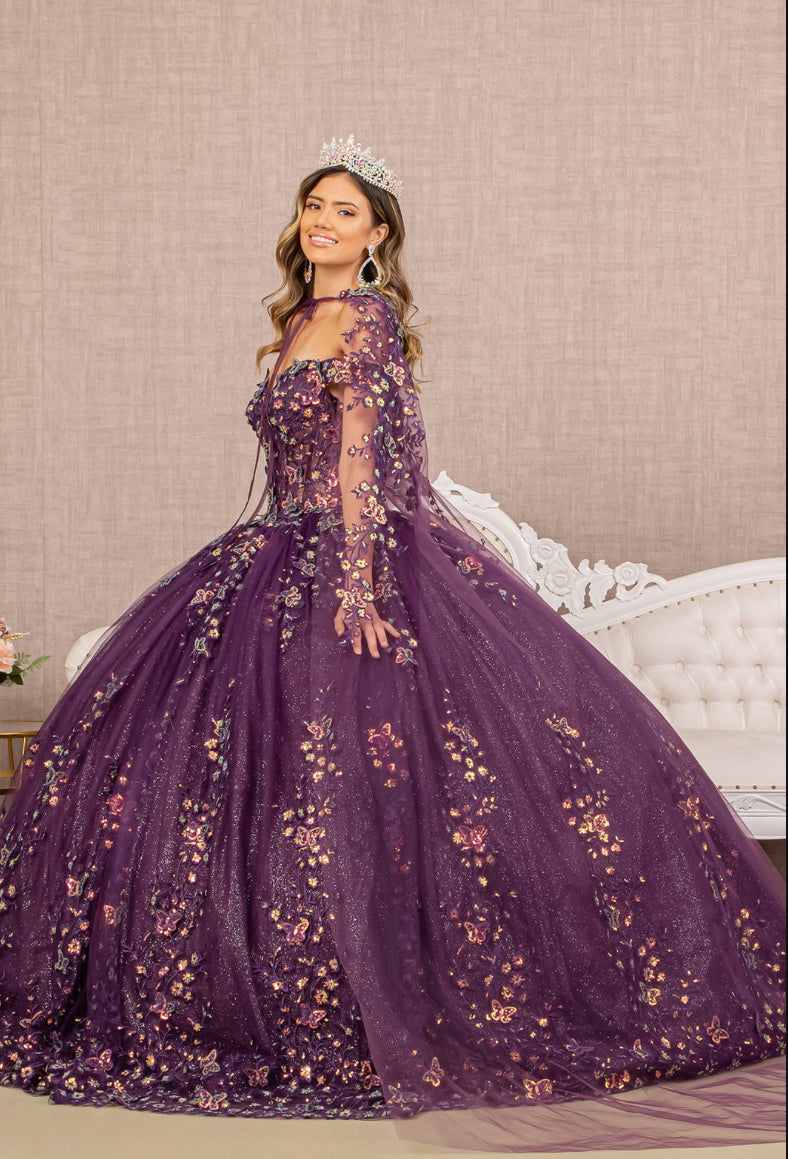 Quinceanera Gown w/ Long Mesh Cape And 3-D Butterfly Sheer Bodice.  GL3171 GLS by Elizabeth K