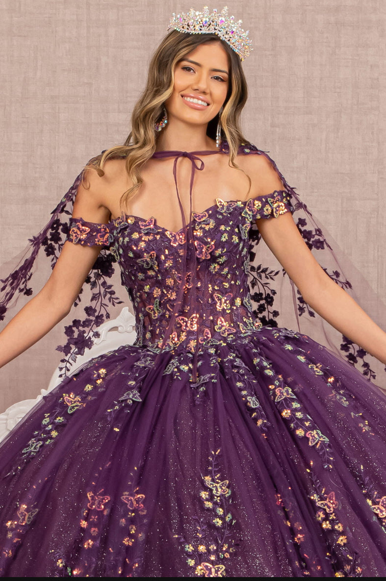 Quinceanera Gown w/ Long Mesh Cape And 3-D Butterfly Sheer Bodice.  GL3171 GLS by Elizabeth K