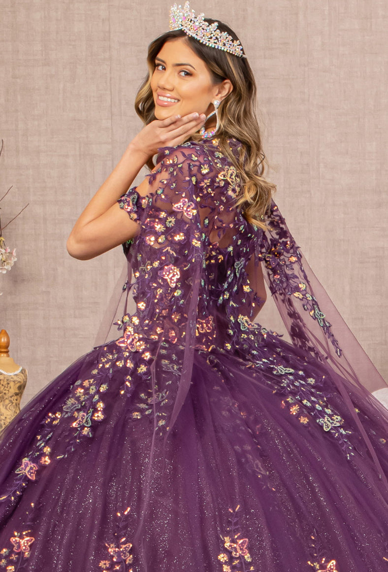 Quinceanera Gown w/ Long Mesh Cape And 3-D Butterfly Sheer Bodice.  GL3171 GLS by Elizabeth K