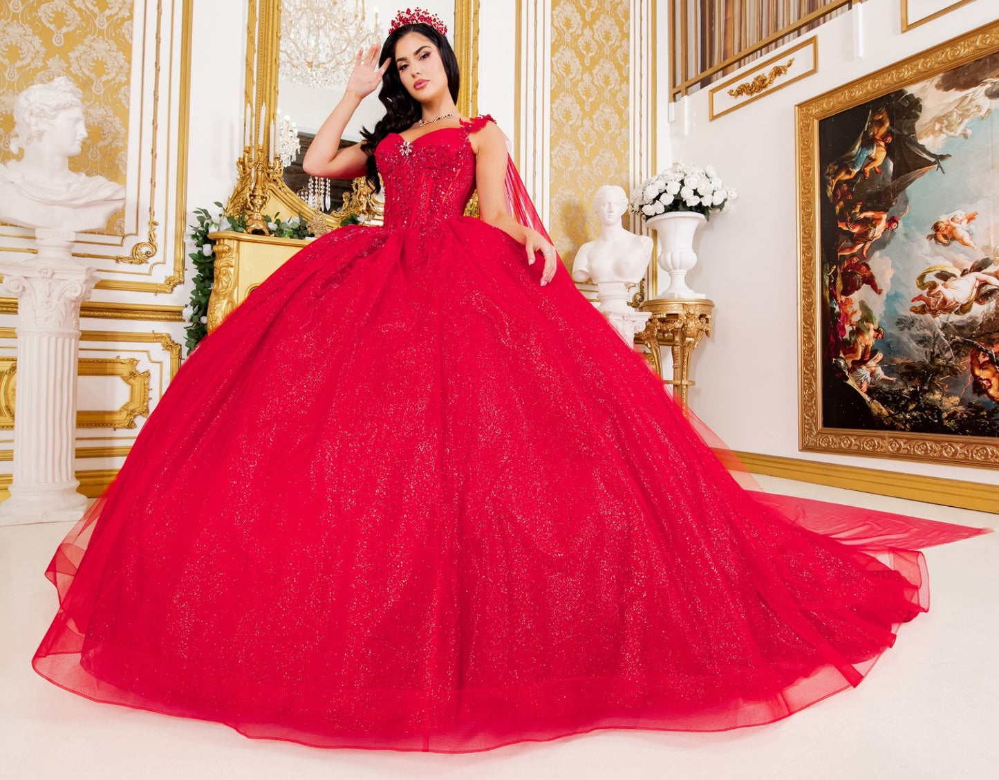 Corset Broach Off Shoulder Cape Quince. 8270J by Cinderella Couture.