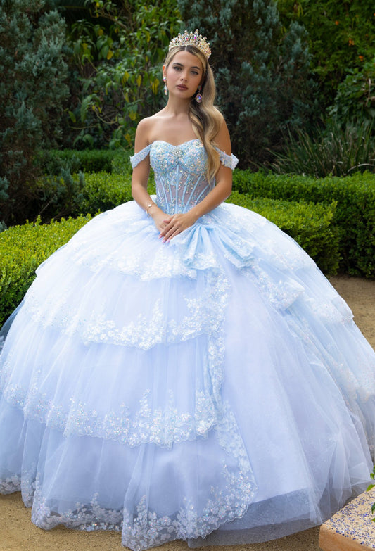 Look radiant in this ball gown! From the sweetheart neckline corset bodice to the tiered train skirt. GL3612 (GLS) by Gloria