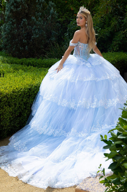 Look radiant in this ball gown! From the sweetheart neckline corset bodice to the tiered train skirt. GL3612 (GLS) by Gloria