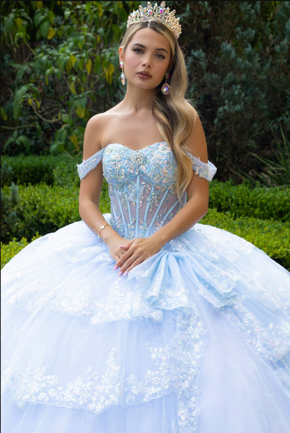 Look radiant in this ball gown! From the sweetheart neckline corset bodice to the tiered train skirt. GL3612 (GLS) by Gloria