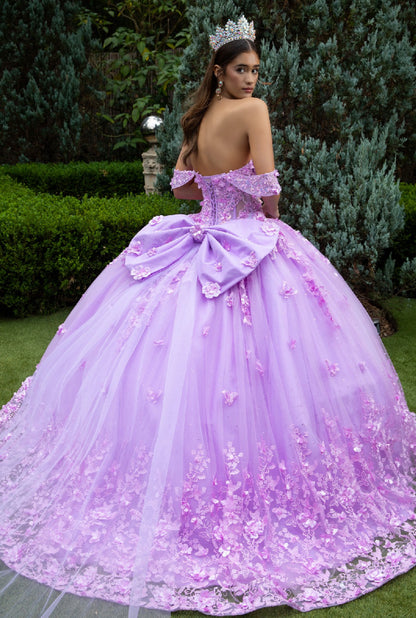 This floor length ball gown is heavily adorned with 3D flower and butterfly appliques, jewels and sequined embroidery. GL3524 (GLS) by Gloria