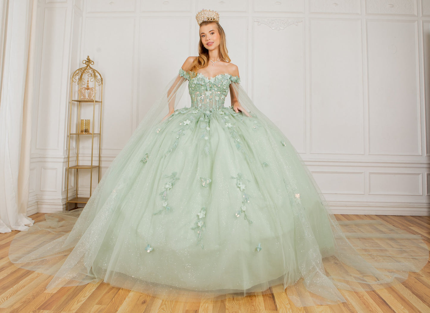 Elegant lace long off shoulder sweetheart embossed tulle satin train gown. 8075J by Cindirella Couture