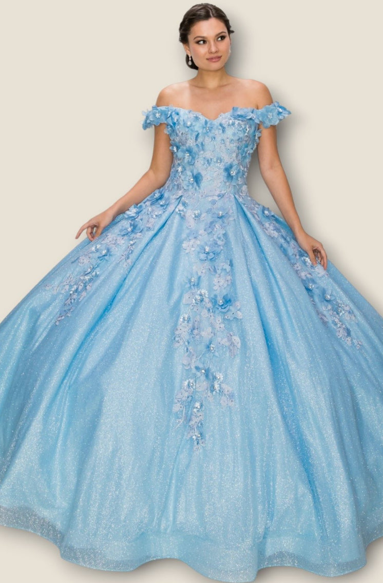 3D floral off shoulder ball gown with glitter skirt. 8020J by Cinderella Couture.
