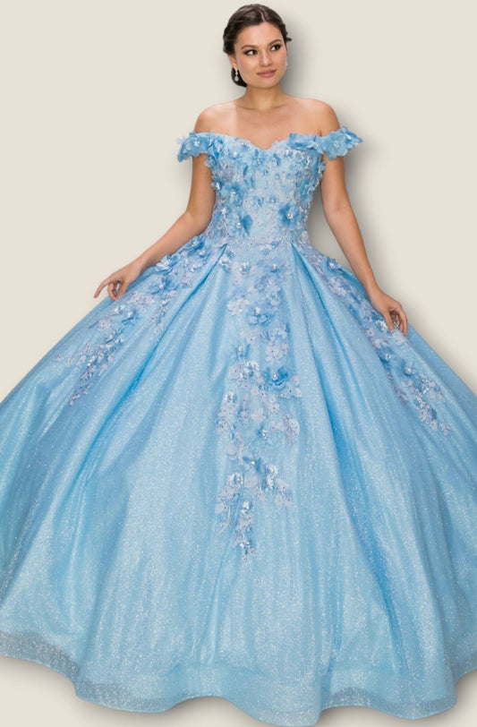 3D floral off shoulder ball gown with glitter skirt. 8020J by Cinderella Couture.