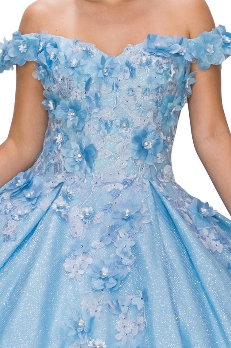 3D floral off shoulder ball gown with glitter skirt. 8020J by Cinderella Couture.