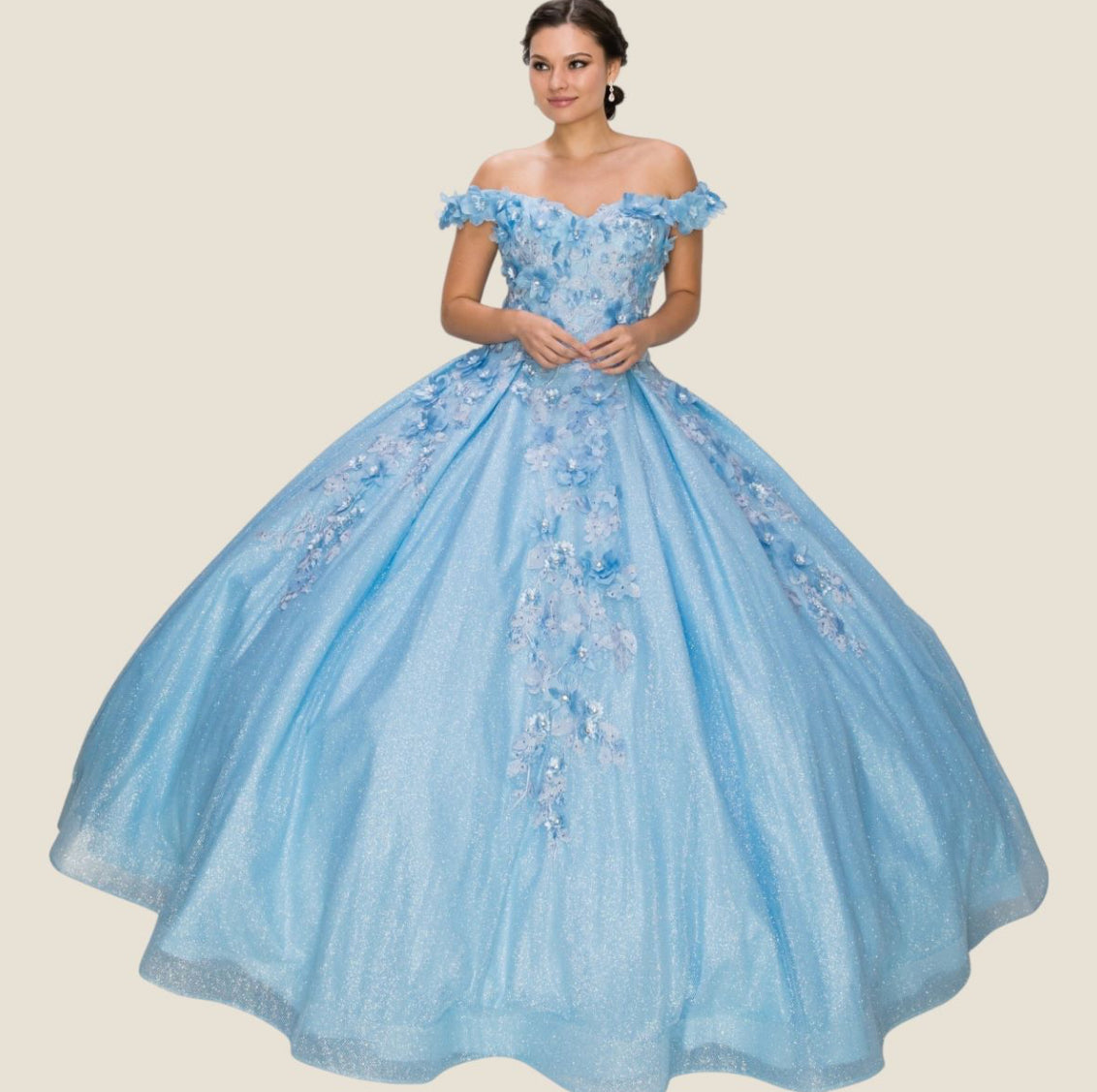 3D floral off shoulder ball gown with glitter skirt. 8020J by Cinderella Couture.