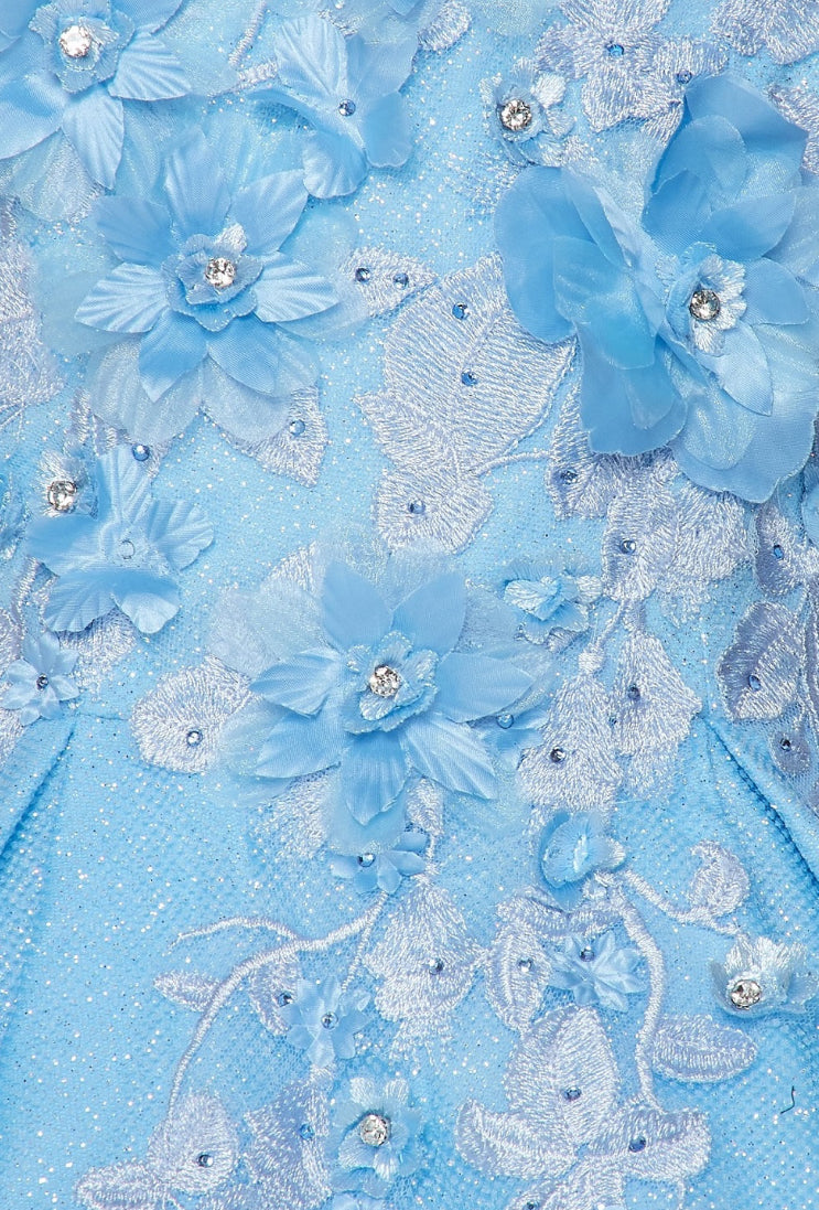 3D floral off shoulder ball gown with glitter skirt. 8020J by Cinderella Couture.