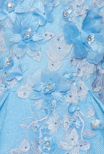 3D floral off shoulder ball gown with glitter skirt. 8020J by Cinderella Couture.