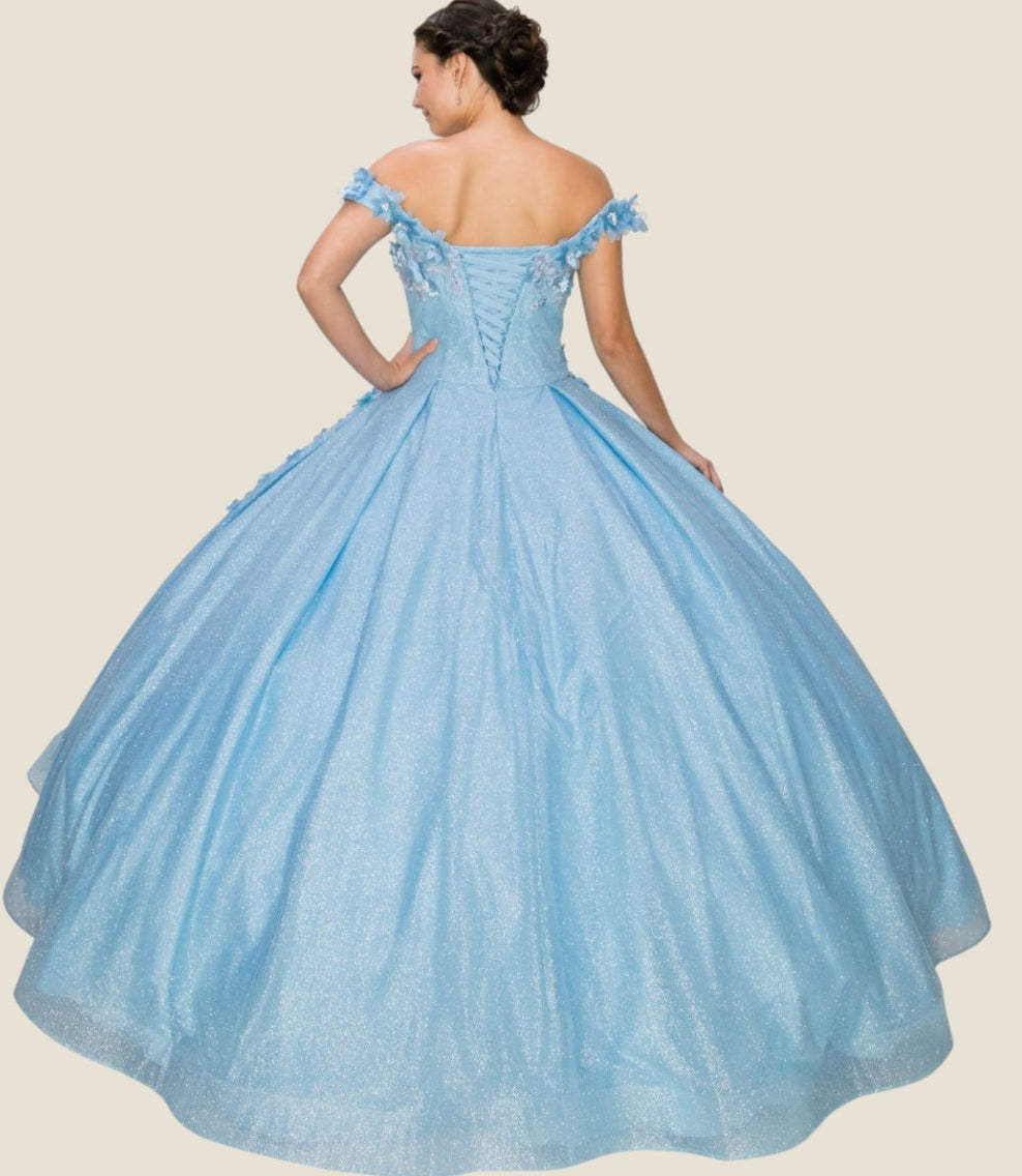 3D floral off shoulder ball gown with glitter skirt. 8020J by Cinderella Couture.