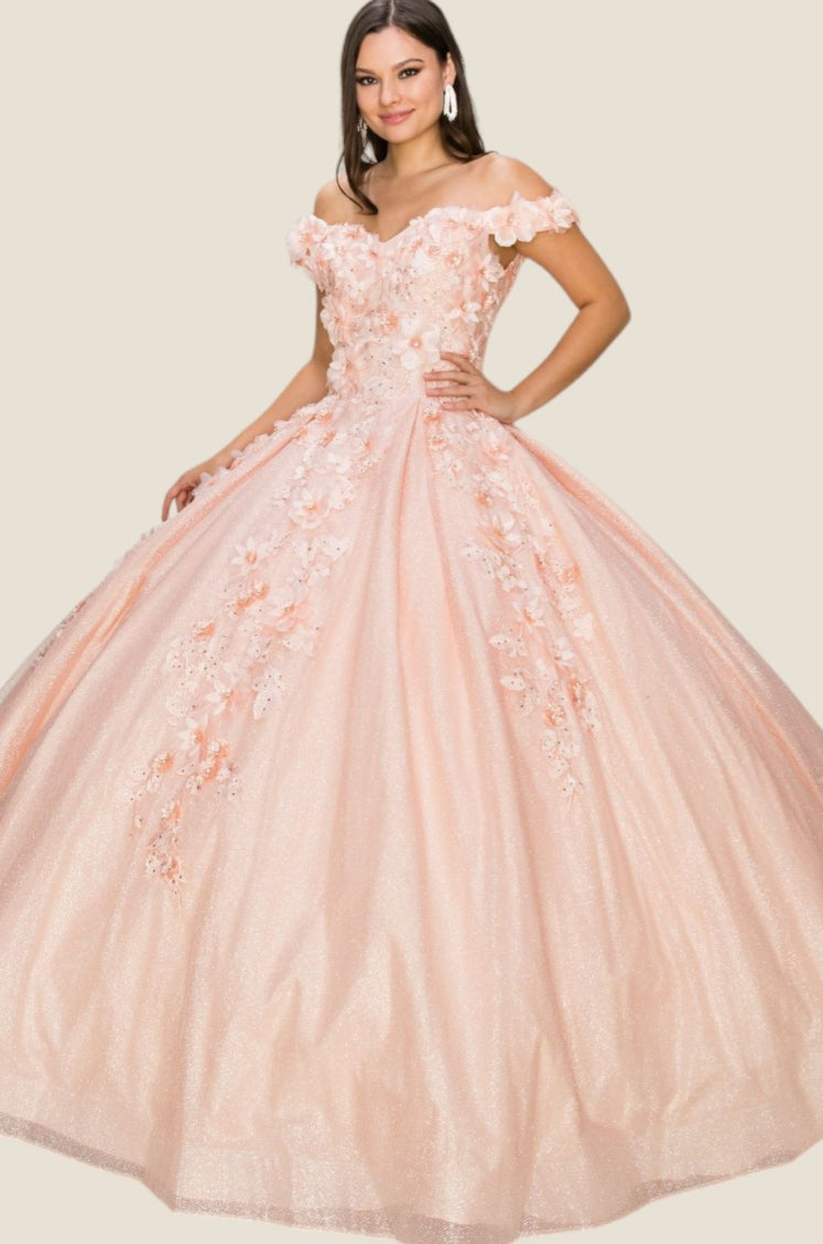 3D floral off shoulder ball gown with glitter skirt. 8020J by Cinderella Couture.