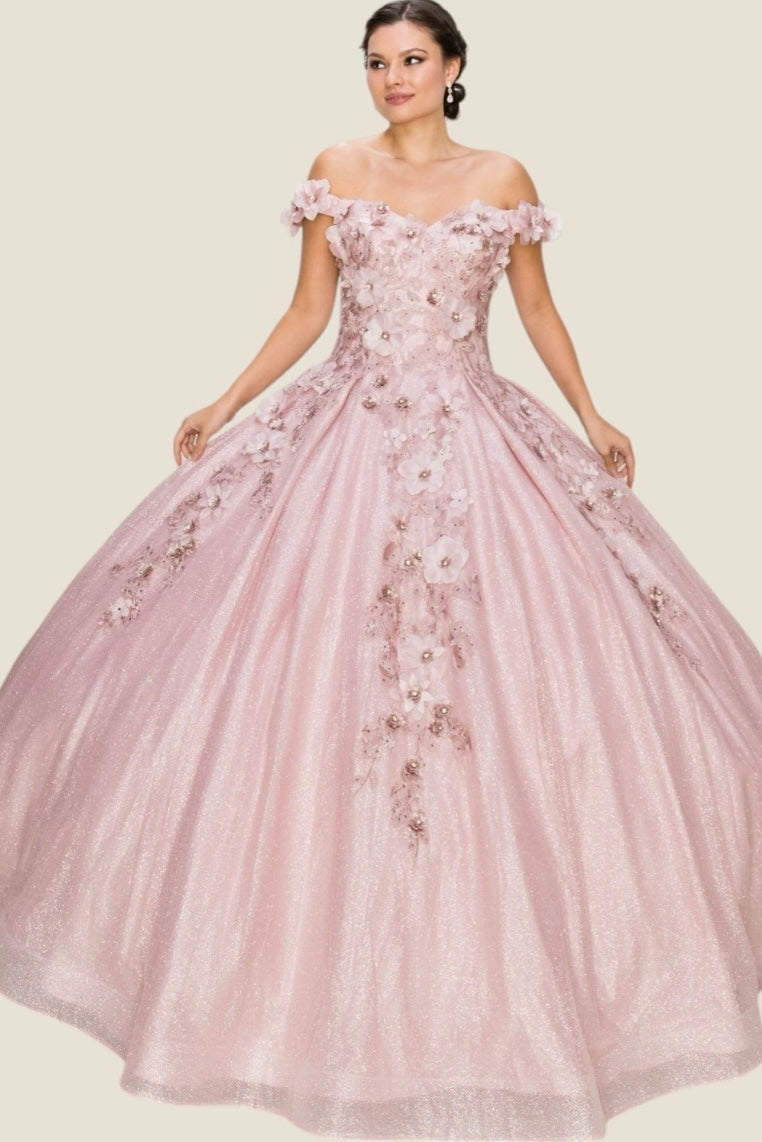 3D floral off shoulder ball gown with glitter skirt. 8020J by Cinderella Couture.