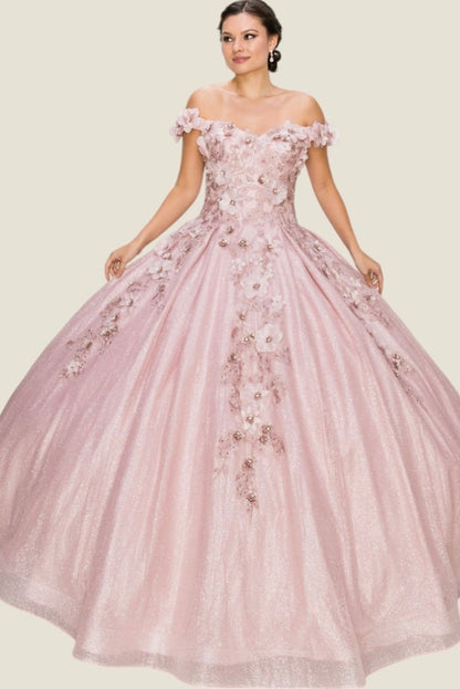 3D floral off shoulder ball gown with glitter skirt. 8020J by Cinderella Couture.