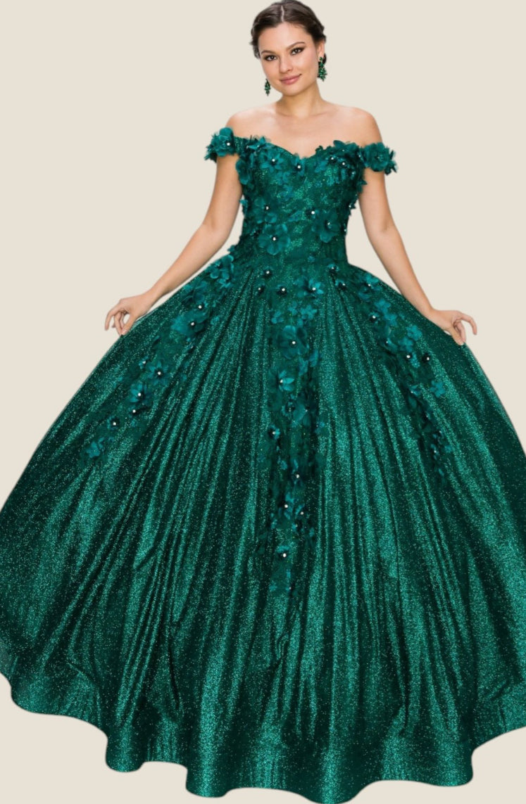 3D floral off shoulder ball gown with glitter skirt. 8020J by Cinderella Couture.