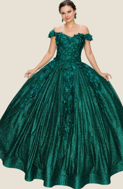 3D floral off shoulder ball gown with glitter skirt. 8020J by Cinderella Couture.