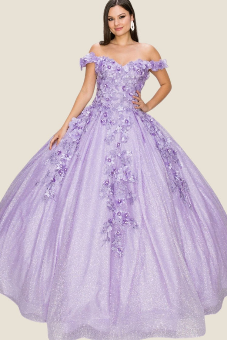 3D floral off shoulder ball gown with glitter skirt. 8020J by Cinderella Couture.