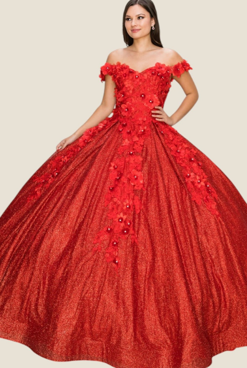 3D floral off shoulder ball gown with glitter skirt. 8020J by Cinderella Couture.