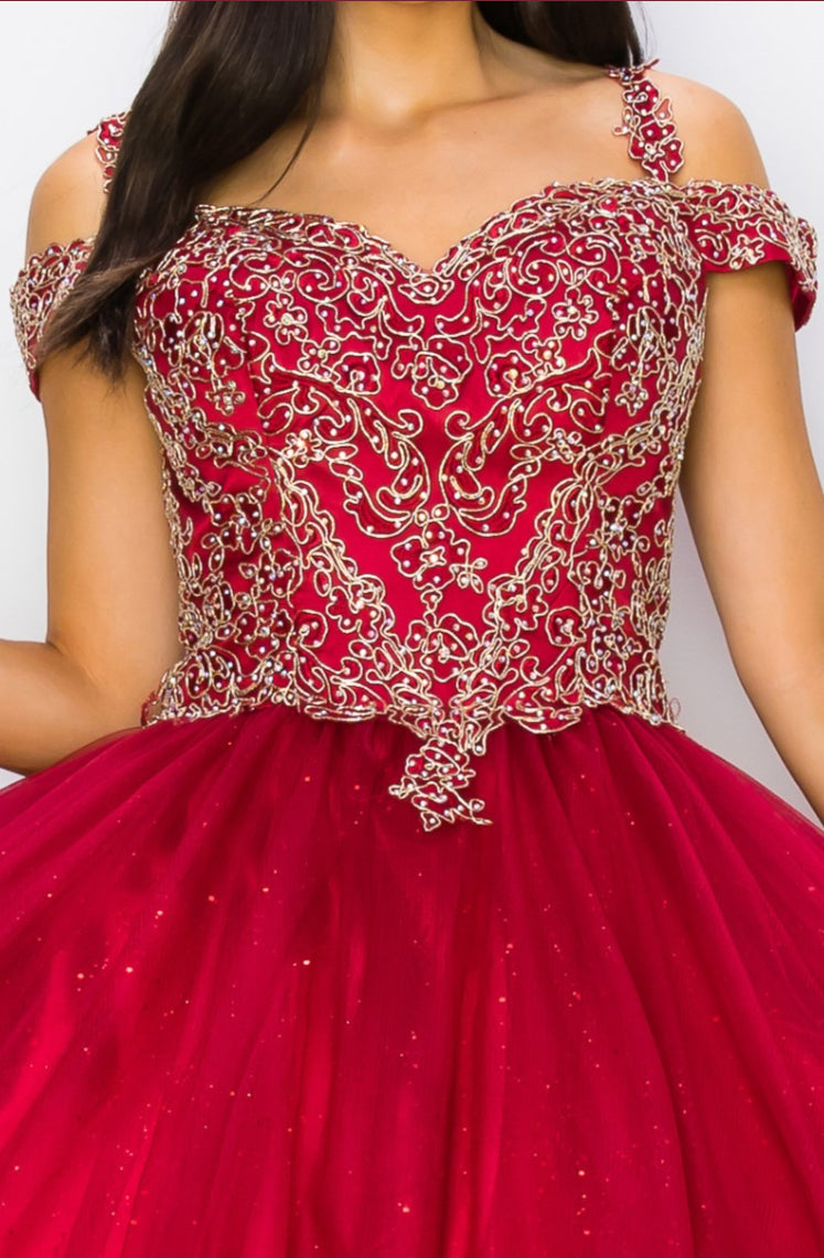 Elegant gold coiled rhinestone off shoulder.  8028J by Cinderella Couture