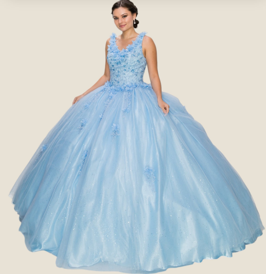 Elegant V-neckline 3D floral applique. 8025J by Cinderella Couture