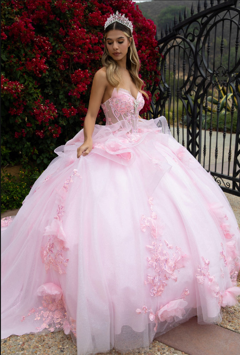 adorned with 3D flower appliques, beads, sequins, embroidery, and glitter. GL3549 GLS By Gloria