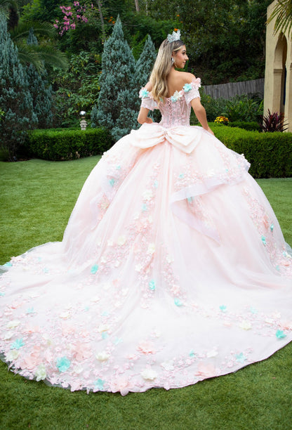 With 3D flower appliques, beads, embroidery, jewels and glitter, this ball gown presents an image of loveliness. GL3554 GLS by Gloria