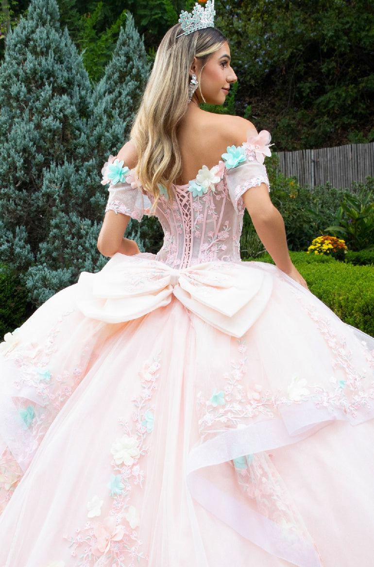 With 3D flower appliques, beads, embroidery, jewels and glitter, this ball gown presents an image of loveliness. GL3554 GLS by Gloria