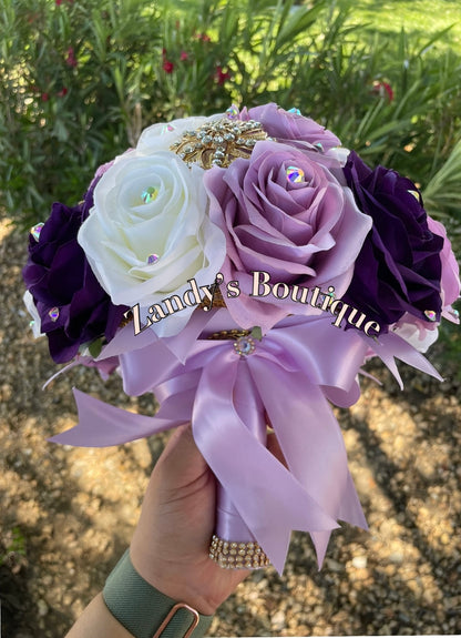 Lilac, Dark Purple, and Ivory With Gold Brooches Bouquet. LDKPI015 by MARINA'S CRAFT.