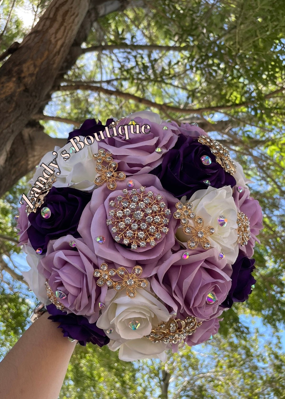 Lilac, Dark Purple, and Ivory With Gold Brooches Bouquet. LDKPI015 by MARINA'S CRAFT.