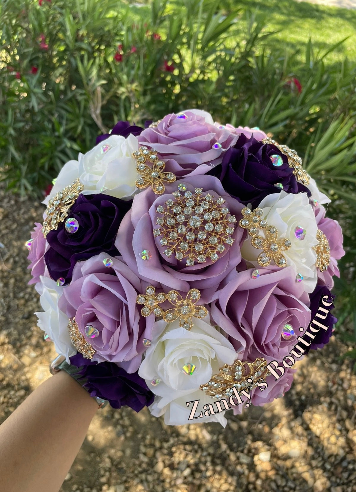 Lilac, Dark Purple, and Ivory With Gold Brooches Bouquet. LDKPI015 by MARINA'S CRAFT.