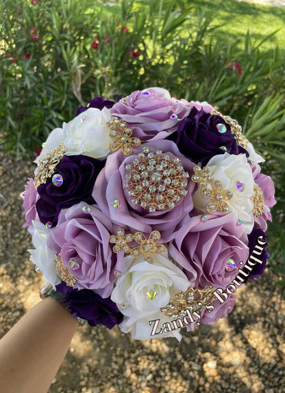 Lilac, Dark Purple, and Ivory With Gold Brooches Bouquet. LDKPI015 by MARINA'S CRAFT.