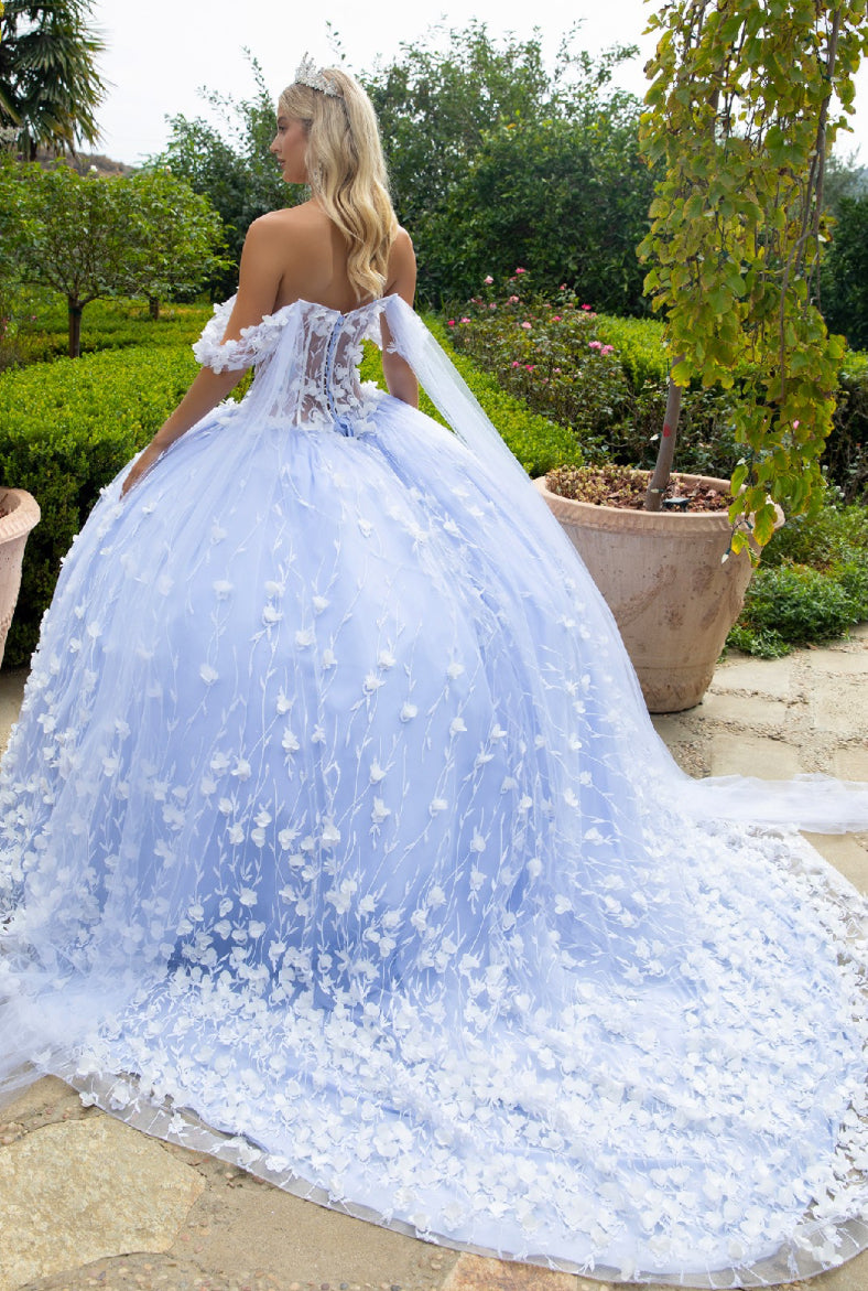 Ball gown with Watteau train made of tulle and an embellished train that flows out from the skirt. GL3571 GLS by Gloria