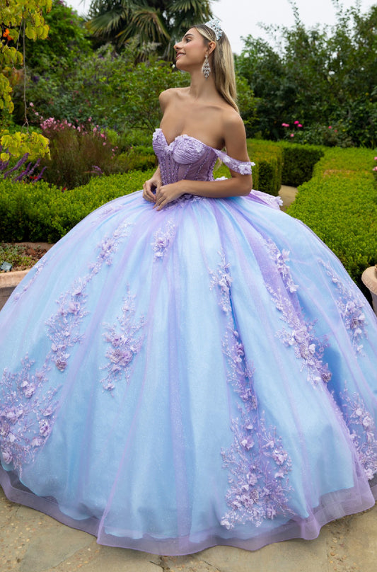 Gorgeously embellished with 3D flower appliques,  and sequined this ball gown is floor-length with a train attached to the back. GL3576 GLS By Gloria