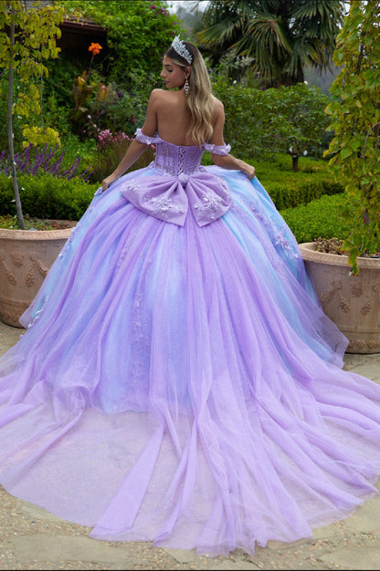 Gorgeously embellished with 3D flower appliques,  and sequined this ball gown is floor-length with a train attached to the back. GL3576 GLS By Gloria