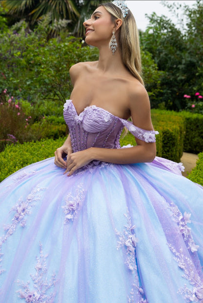 Gorgeously embellished with 3D flower appliques,  and sequined this ball gown is floor-length with a train attached to the back. GL3576 GLS By Gloria