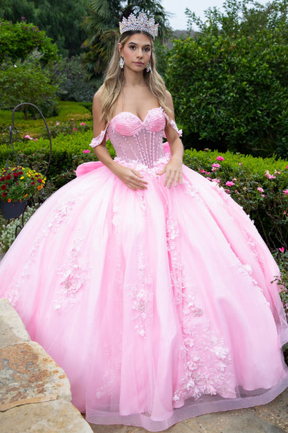 Gorgeously embellished with 3D flower appliques,  and sequined this ball gown is floor-length with a train attached to the back. GL3576 GLS By Gloria