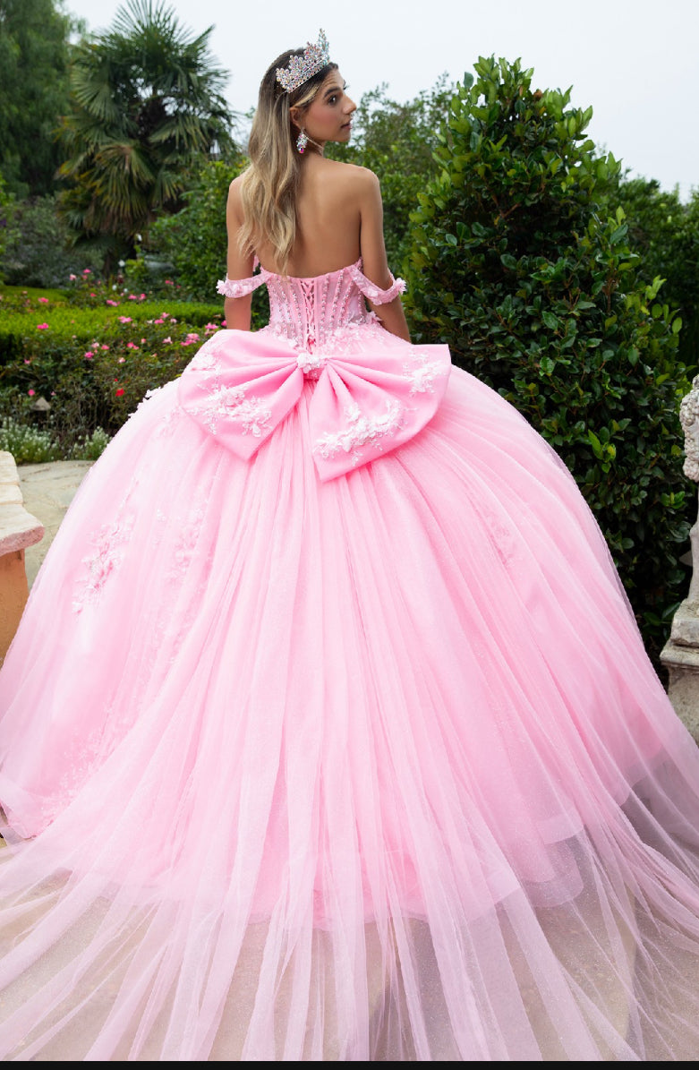 Gorgeously embellished with 3D flower appliques,  and sequined this ball gown is floor-length with a train attached to the back. GL3576 GLS By Gloria