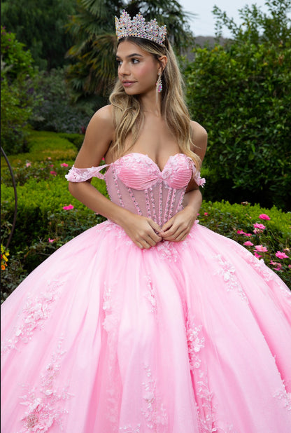 Gorgeously embellished with 3D flower appliques,  and sequined this ball gown is floor-length with a train attached to the back. GL3576 GLS By Gloria