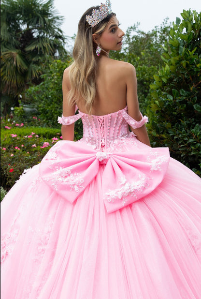 Gorgeously embellished with 3D flower appliques,  and sequined this ball gown is floor-length with a train attached to the back. GL3576 GLS By Gloria