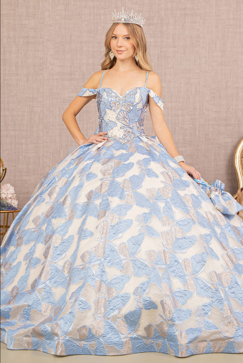 Ribbon Jewel Quinceanera Gown w/ Long Mesh Tail and Mini Bag Sky blue butterfly pattern designed all over the dress. GL3174 GLS by Elizabeth K