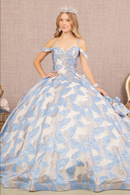 Ribbon Jewel Quinceanera Gown w/ Long Mesh Tail and Mini Bag Sky blue butterfly pattern designed all over the dress. GL3174 GLS by Elizabeth K