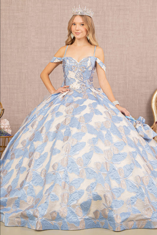 Ribbon Jewel Quinceanera Gown w/ Long Mesh Tail and Mini Bag Sky blue butterfly pattern designed all over the dress. GL3174 GLS by Elizabeth K
