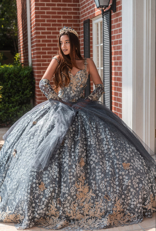 Metallic 3-D Butterfly Big Ribbon Mesh Ball Gown w/ Waist Drape. GL3318 GLS by Gloria